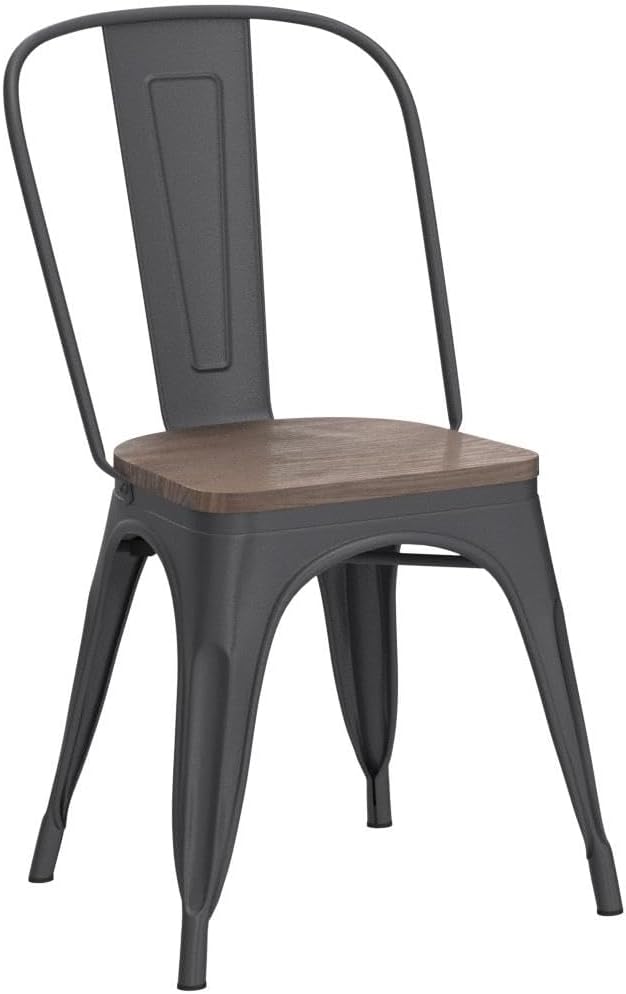 JUMMICO Metal Dining Chair Stackable Industrial Vintage Kitchen Chairs Indoor-Outdoor Bistro Cafe Side Chairs with Back and Wooden Seat Set of 4 (Black)