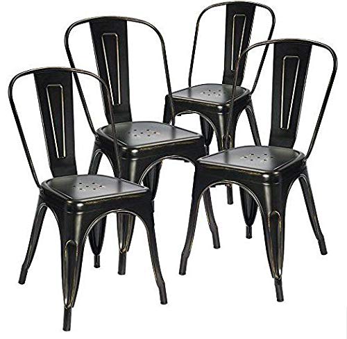 Devoko Metal Indoor-Outdoor Chairs Distressed Style Kitchen Dining Chairs Stackable Side Chairs with Back Set of 4 (Black Gold)