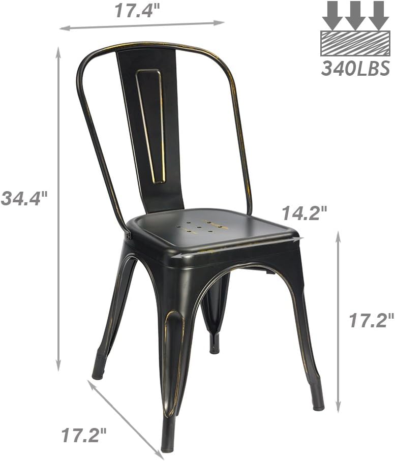 Devoko Metal Indoor-Outdoor Chairs Distressed Style Kitchen Dining Chairs Stackable Side Chairs with Back Set of 4 (Black Gold)
