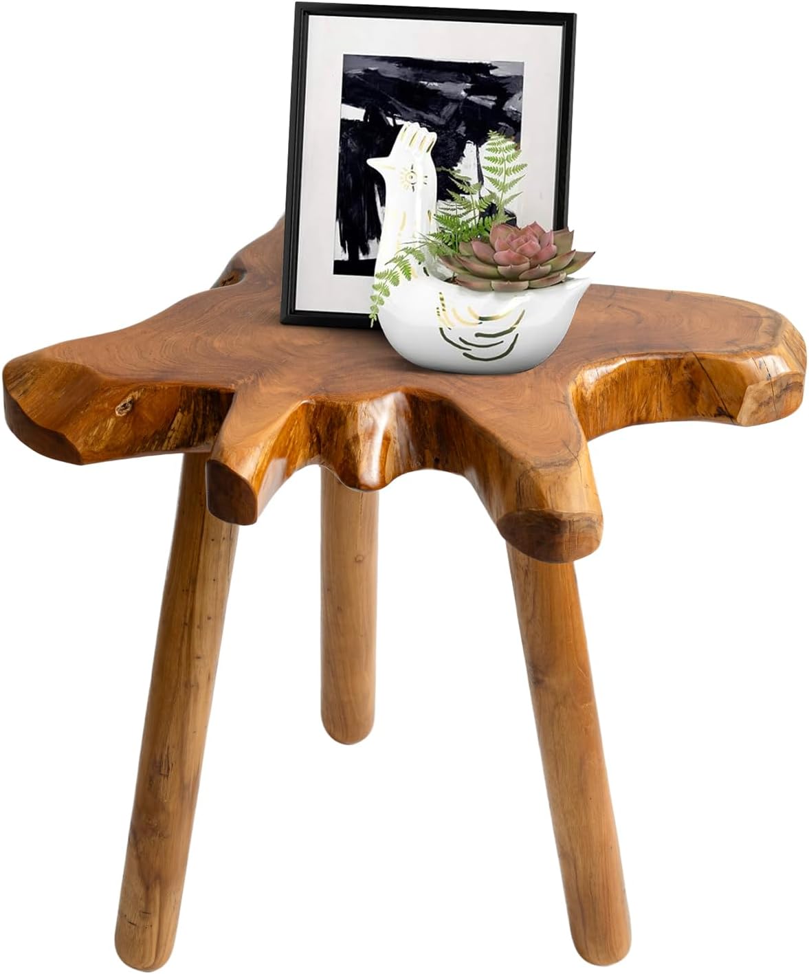 Teak Side Table, Live Edge End Table, Solid Wood Side Table for Living Room, Bedroom, Patio, Plant Stand, Tree Stump Style Natural Wood Accent Table