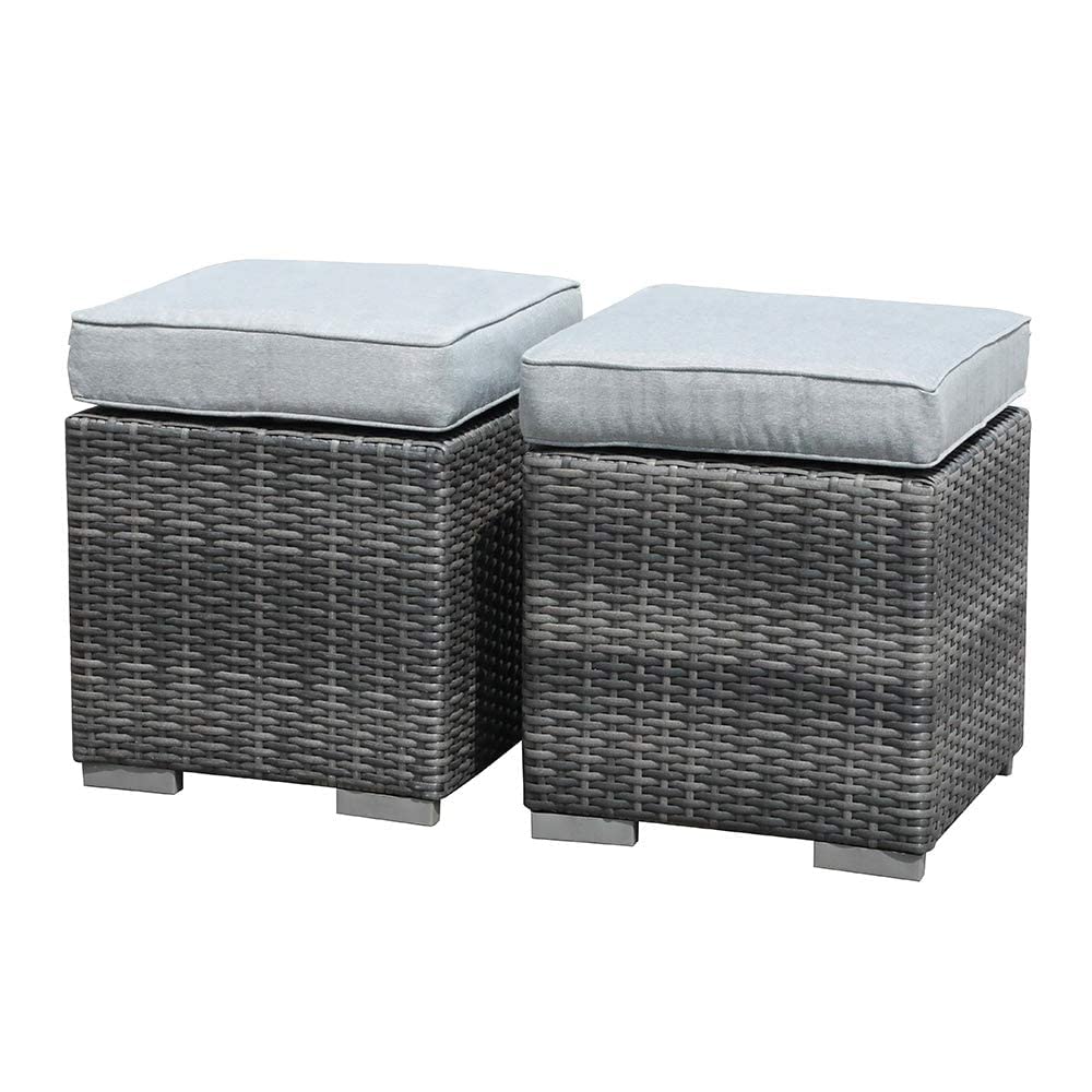 Patiorama 2 Pieces Assembled Outdoor Patio Ottoman, Indoor Outdoor All-Weather Dark Brown Wicker Rattan Outdoor Footstool Footrest Seat with Beige Cushions, No Assembly Required