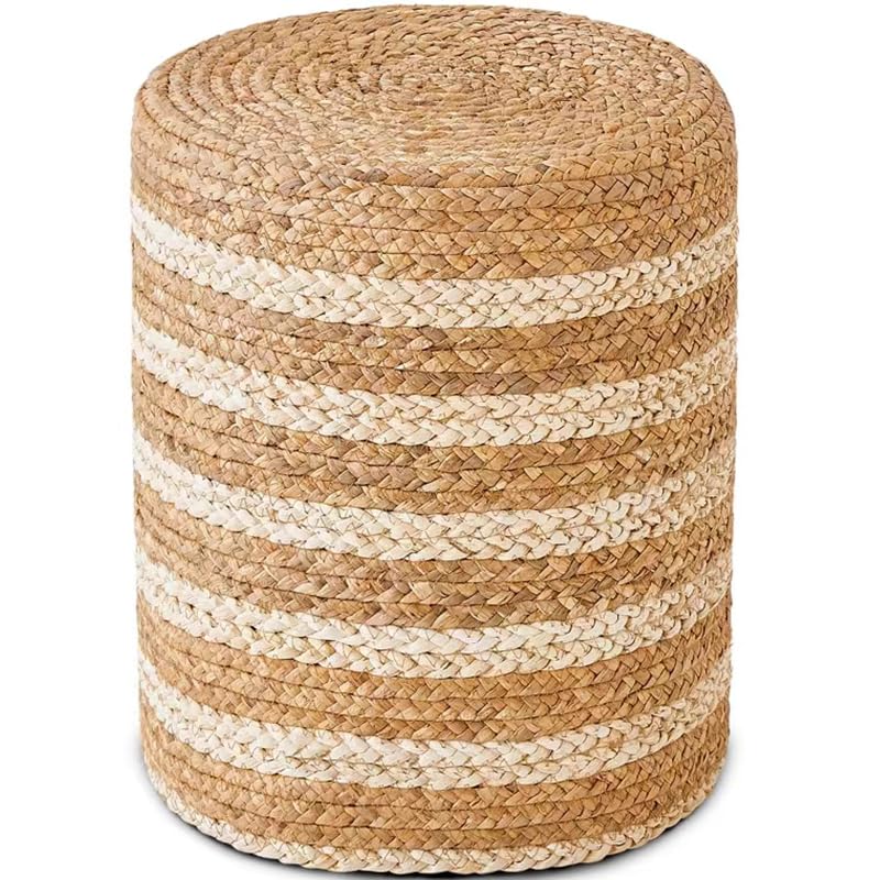 Wimarsbon Natural Seagrass Foot Stool, Hand Weaving Round Ottoman, for Living Room, Outdoor Seat (Natural & Blue)