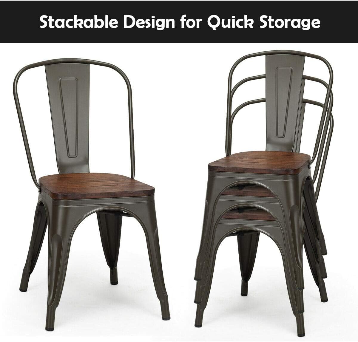 COSTWAY 18 Inch Dining Chair Set of 4, Industrial Vintage Stackable Metal Chairs, Counter Bar Chairs with High Backrest, Wood Seat, for Home, Kitchen and Cafe Bar Use