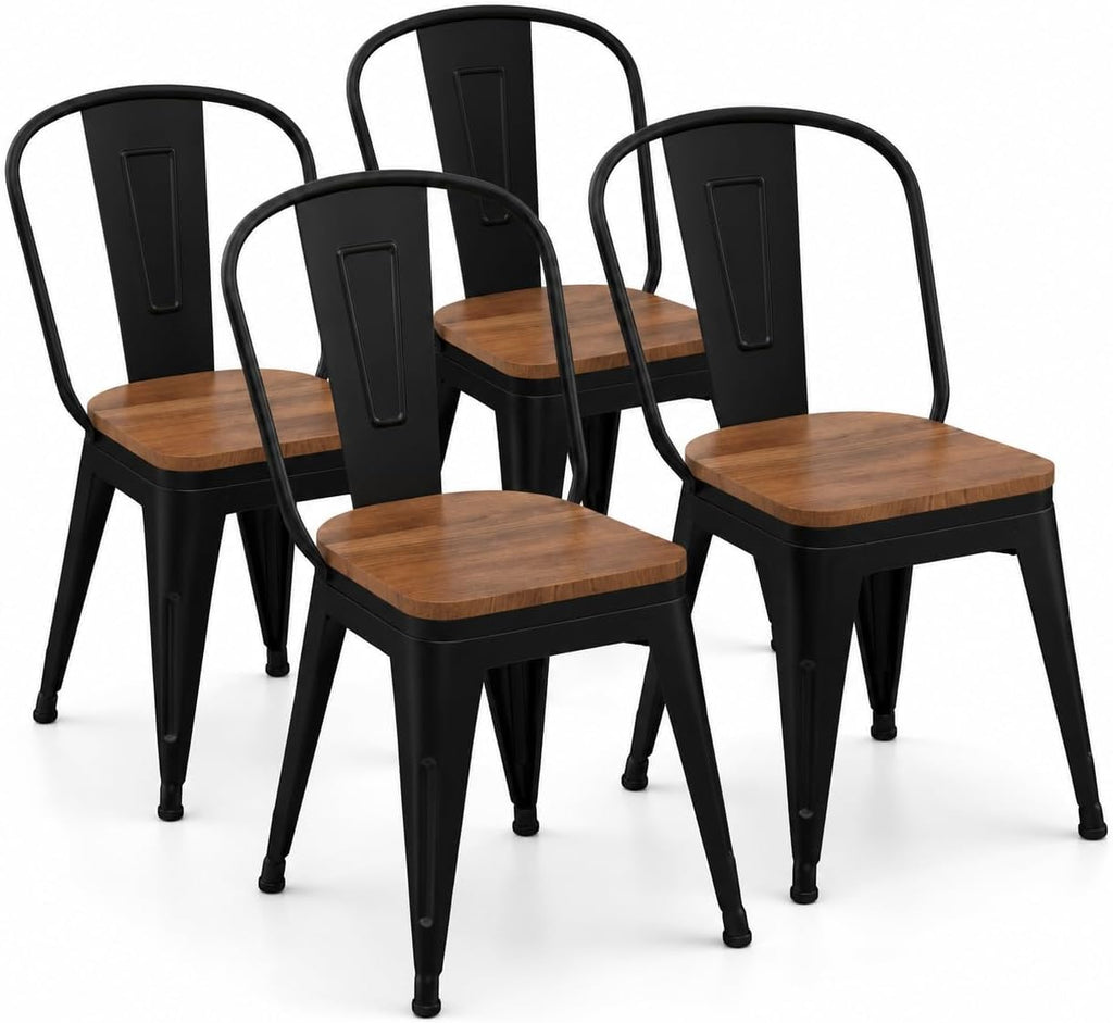 18 Inch Metal Dining Chairs,Arlunar Farmhouse Chairs Set of 4 Black Dining Room Chairs Stackable with Back and Wooden Seat bar stools