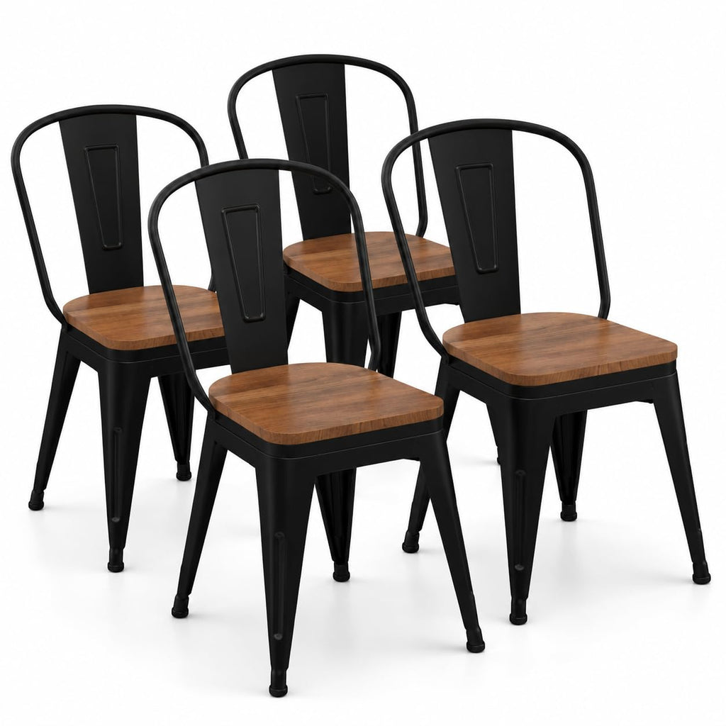 18 Inch Metal Dining Chairs,Arlunar Farmhouse Chairs Set of 4 Black Dining Room Chairs Stackable with Back and Wooden Seat bar stools