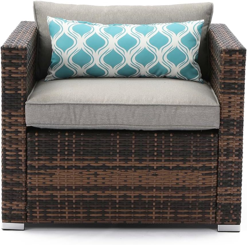 COSIEST All-Weather Patio Chair, Single Brown Wicker Chair with Thick Gray Cushions & Teal Pillow, Outdoor Rocking Chair for Porch, Garden, Poolside