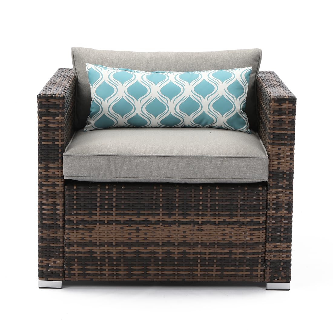 COSIEST All-Weather Patio Chair, Single Brown Wicker Chair with Thick Gray Cushions & Teal Pillow, Outdoor Rocking Chair for Porch, Garden, Poolside