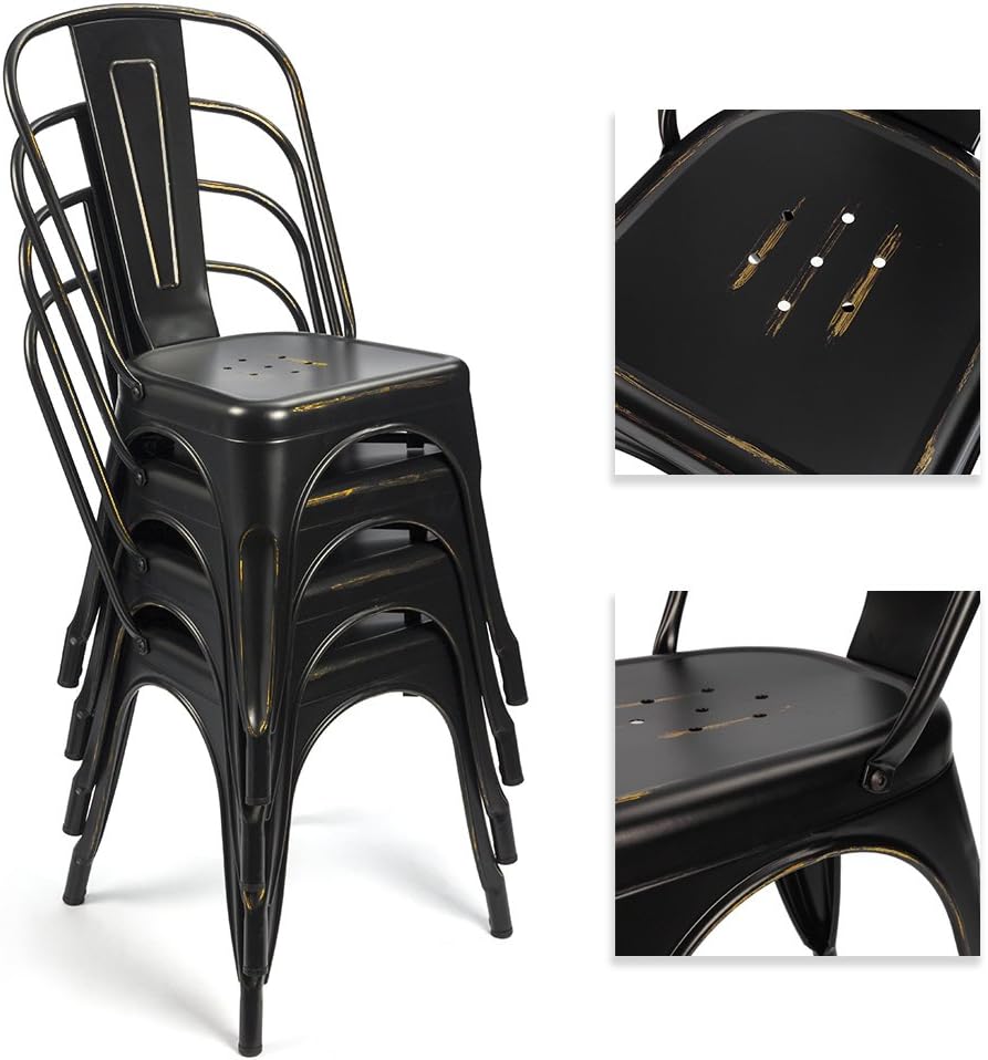Devoko Metal Indoor-Outdoor Chairs Distressed Style Kitchen Dining Chairs Stackable Side Chairs with Back Set of 4 (Black Gold)