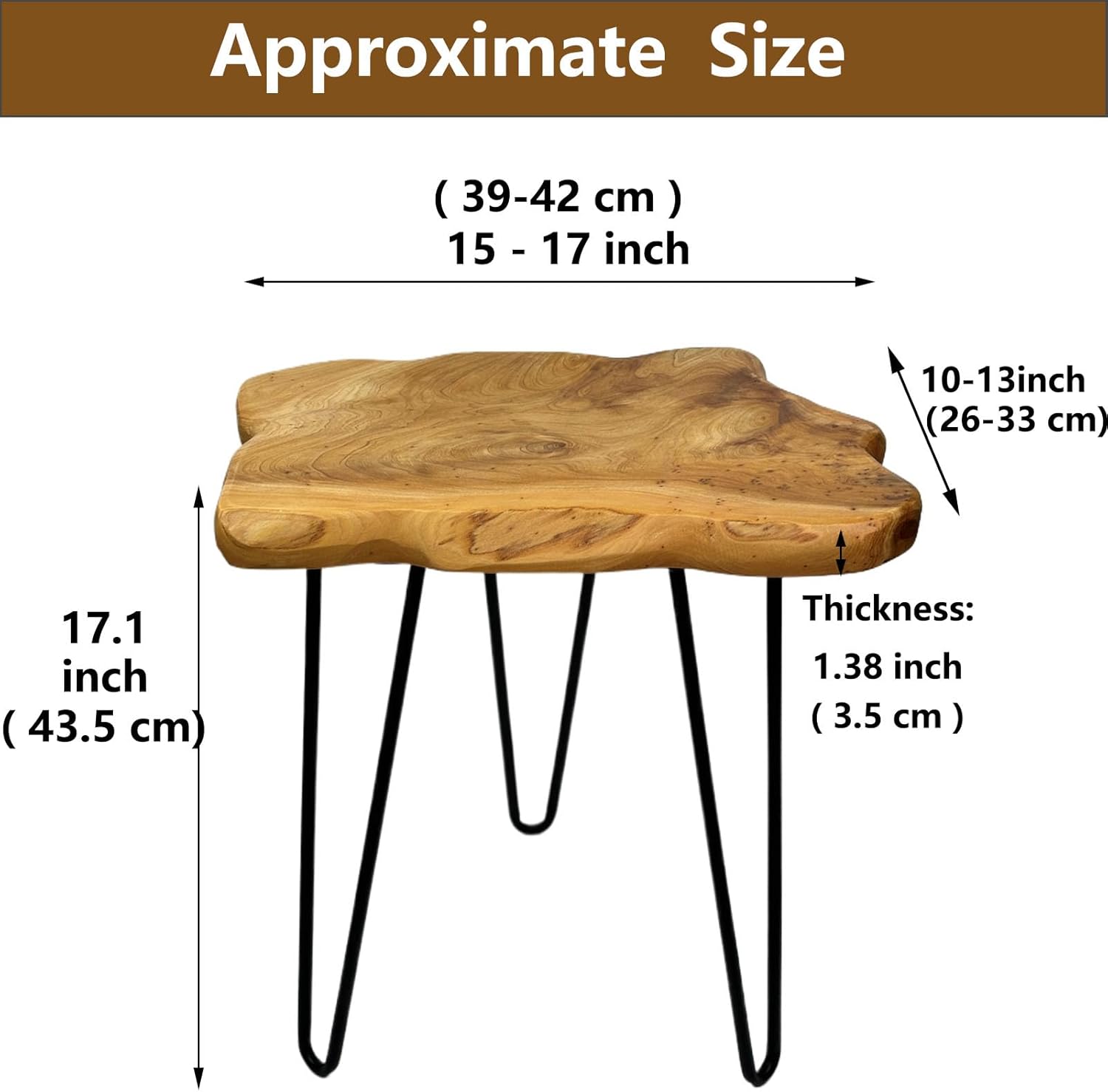 Rustic Solid Wood Live Edge Style End Table, Natural Wood Side Table with Hairpin Legs, Small Irregular Side Table for Living Room, Bedroom, Farmhouse Decor, 16" L x 12" W x 17" H