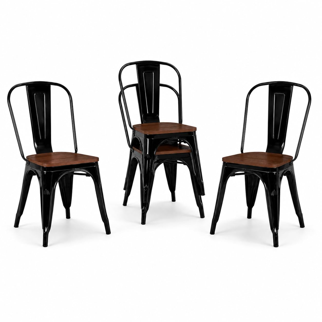 Black Metal Dining Chairs Set of 6 with Wood Seat, Stackable Metal Kitchen Chairs for Dining,Kitchen Room and Outdoor Patio