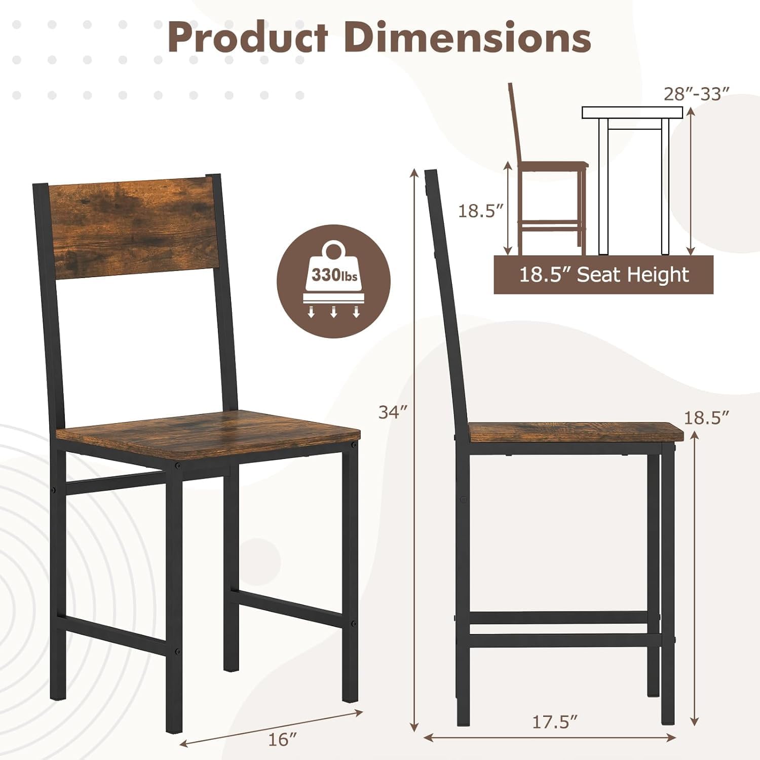 Set of 4 Rustic Farmhouse Dining Chairs, Wood Metal Armless Side Chairs for Kitchen