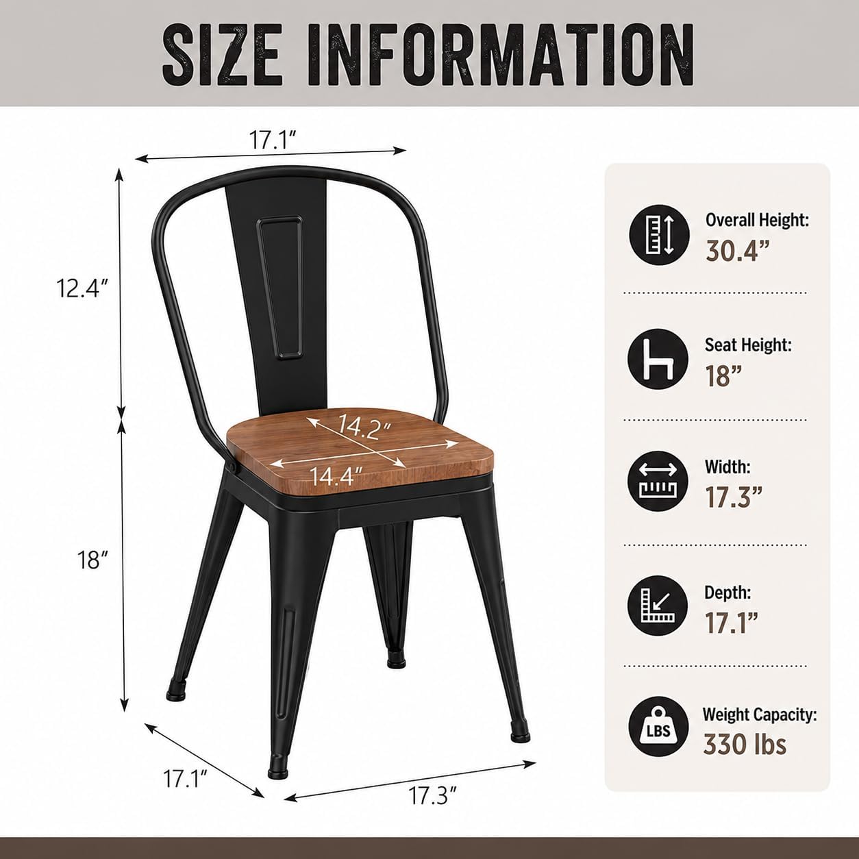 18 Inch Metal Dining Chairs,Arlunar Farmhouse Chairs Set of 4 Black Dining Room Chairs Stackable with Back and Wooden Seat bar stools