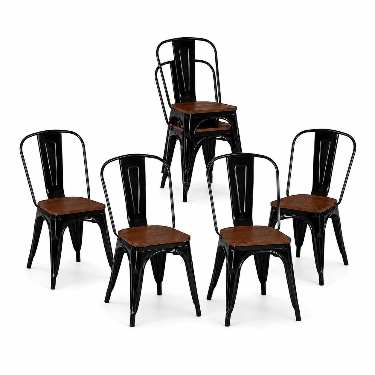 Black Metal Dining Chairs Set of 6 with Wood Seat, Stackable Metal Kitchen Chairs for Dining,Kitchen Room and Outdoor Patio