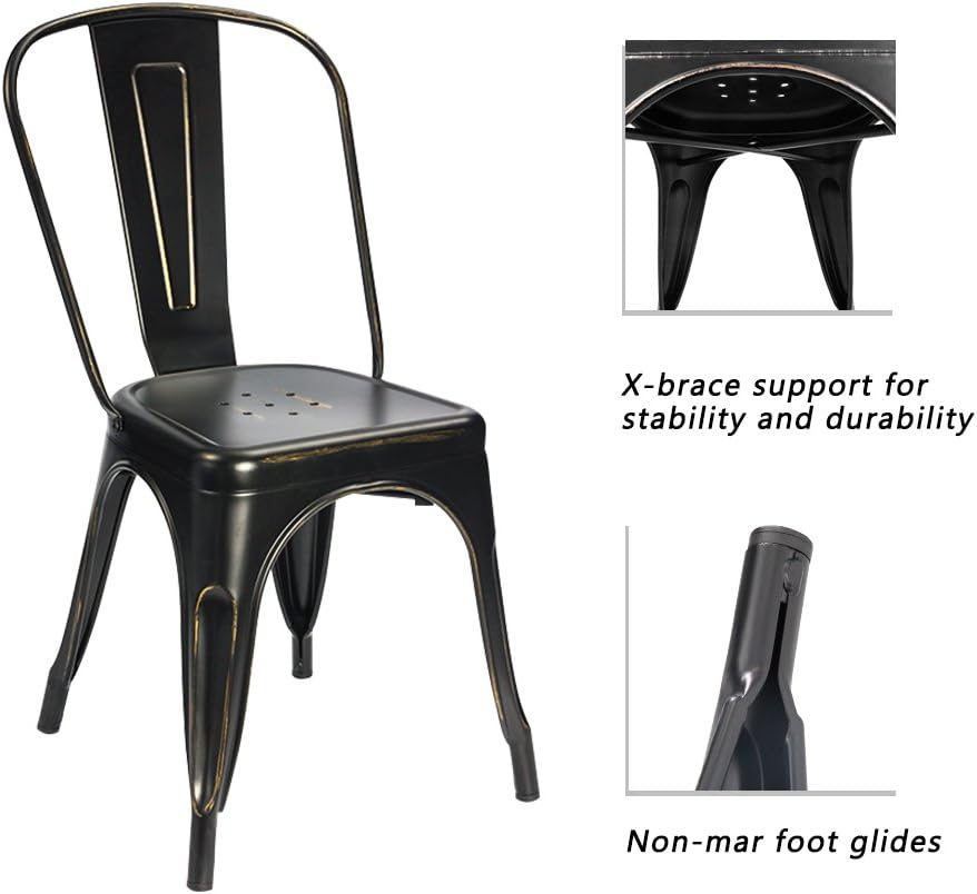 Devoko Metal Indoor-Outdoor Chairs Distressed Style Kitchen Dining Chairs Stackable Side Chairs with Back Set of 4 (Black Gold)