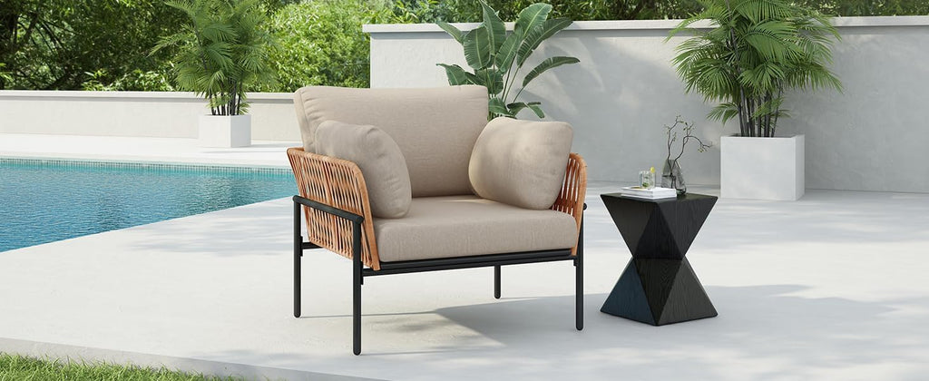 Plush Cushioned Refined Elegance Single Sofa, Comfort Single Sofa Chair with Iron Frame, Refined Upholstered Couch Chair for Indoor Outdoor Relaxation, Beige+Natural