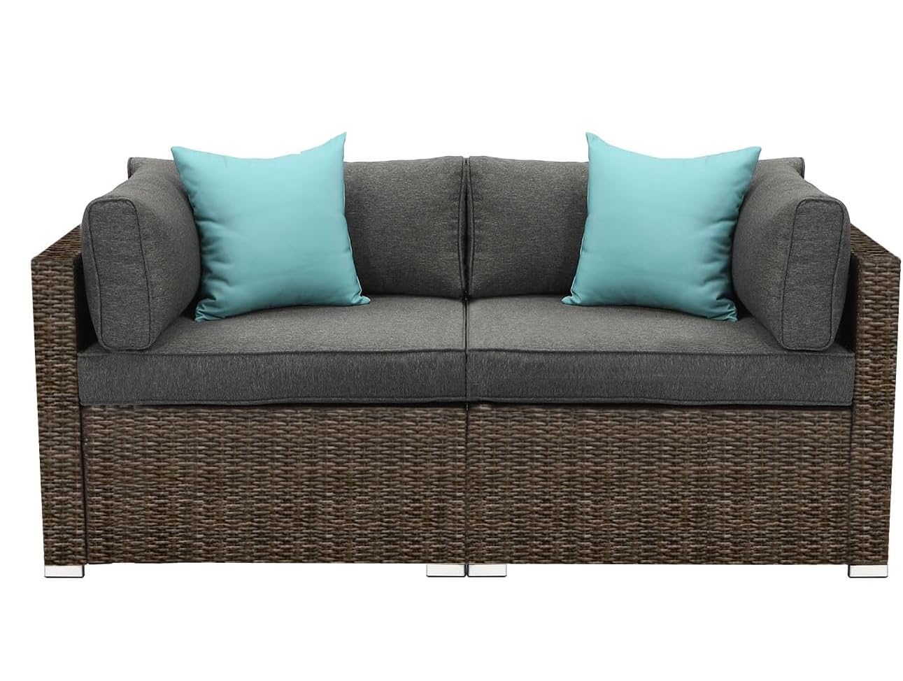 COSIEST All-Weather Patio Chair, Single Brown Wicker Chair with Thick Gray Cushions & Teal Pillow, Outdoor Rocking Chair for Porch, Garden, Poolside