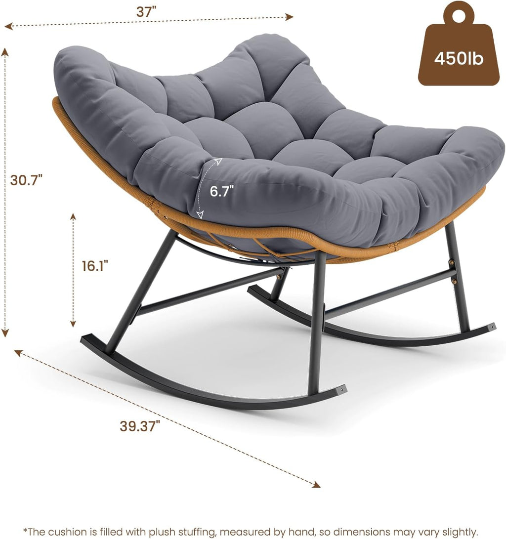 Sikaic Outdoor Papasan Rocking Chair, 450LBS Heavy Duty Egg Rocker with High Back Water Resistant Cushion, Rustproof & UV Resistant PE Wicker Patio Chair for Porch, Garden, Living Room, Grey