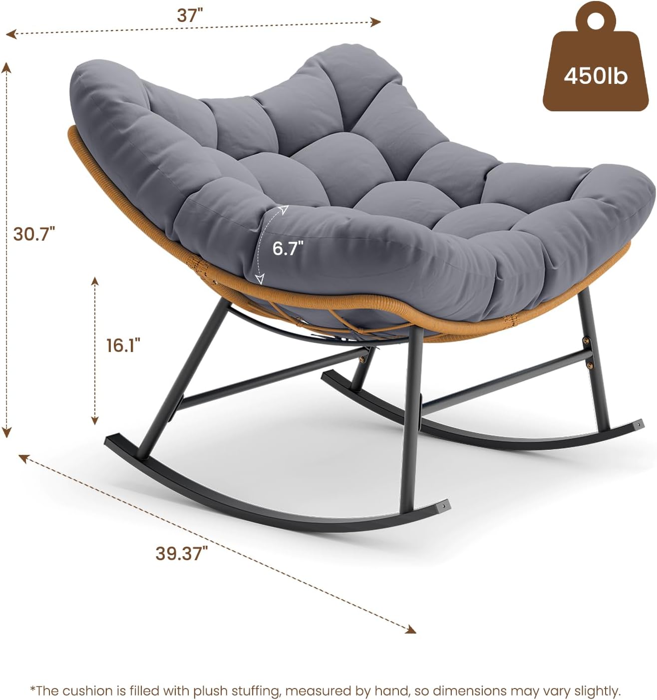 Sikaic Outdoor Papasan Rocking Chair, 450LBS Heavy Duty Egg Rocker with High Back Water Resistant Cushion, Rustproof & UV Resistant PE Wicker Patio Chair for Porch, Garden, Living Room, Grey