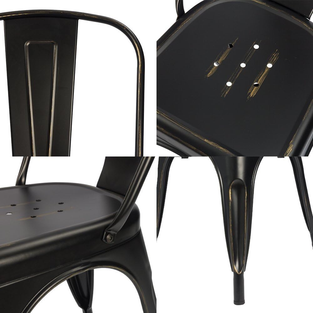 Devoko Metal Indoor-Outdoor Chairs Distressed Style Kitchen Dining Chairs Stackable Side Chairs with Back Set of 4 (Black Gold)