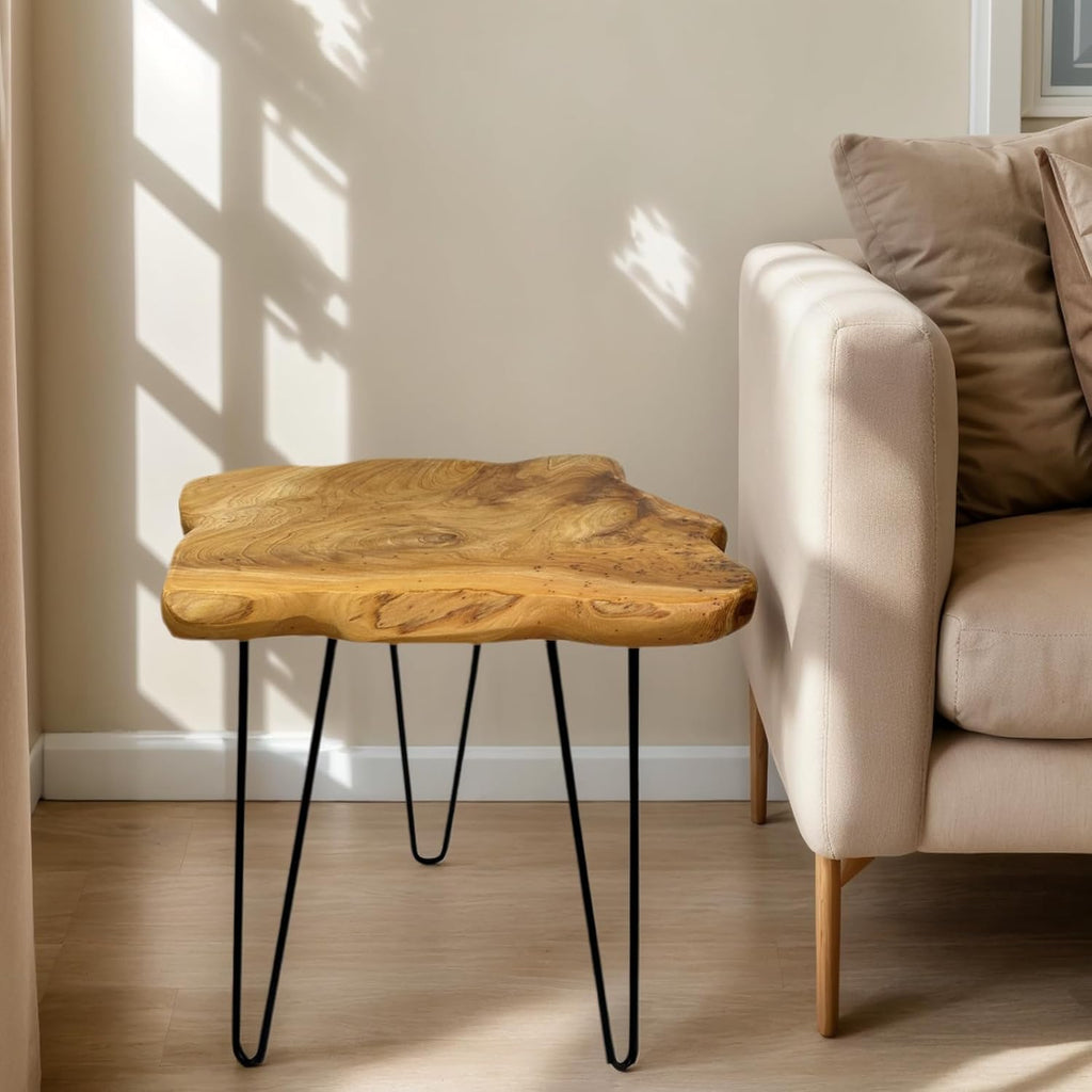 Rustic Solid Wood Live Edge Style End Table, Natural Wood Side Table with Hairpin Legs, Small Irregular Side Table for Living Room, Bedroom, Farmhouse Decor, 16" L x 12" W x 17" H
