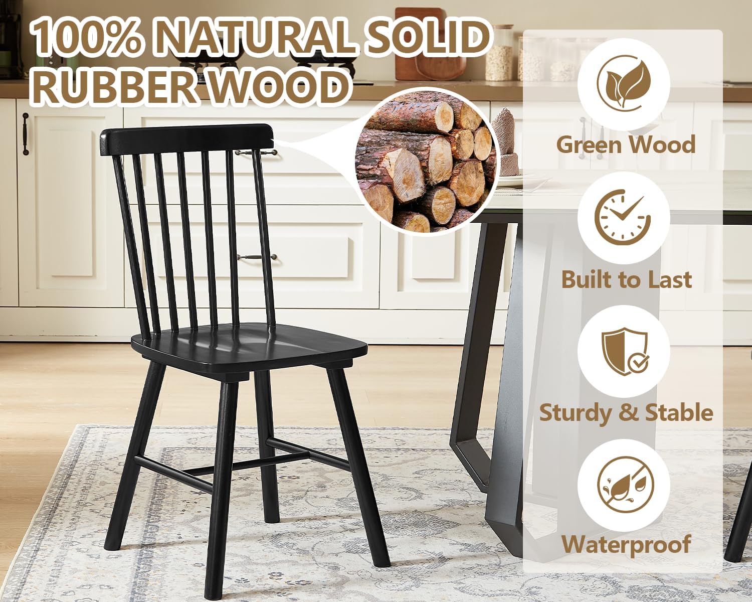 PrimeZone Windsor Dining Chairs Set of 2 - Solid Rubber Wood Farmhouse Kitchen Chair with Spindle Back, Mid-Century Modern Side Dining Chair for Dining Room, Kitchen & Restaurant, Black