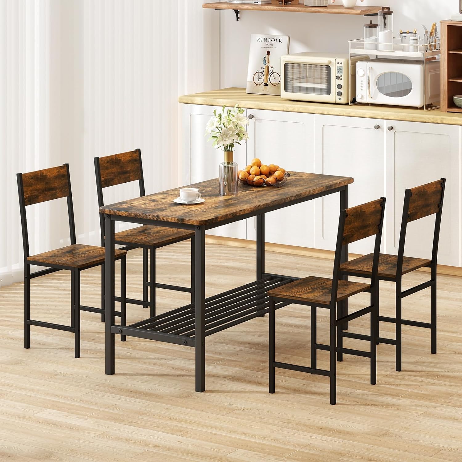 Set of 4 Rustic Farmhouse Dining Chairs, Wood Metal Armless Side Chairs for Kitchen