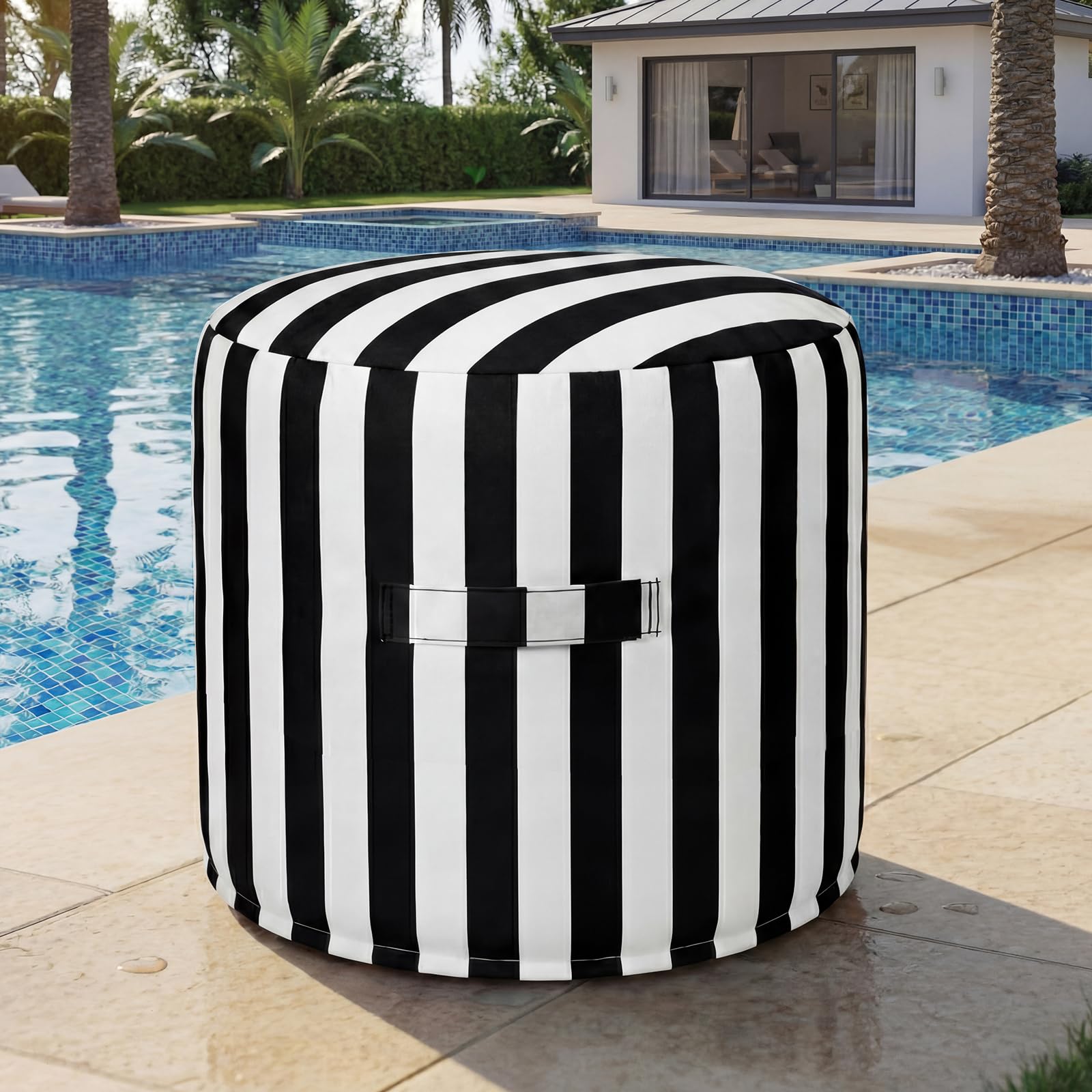 Black White Striped Round Patio Pouf Colorfast Fabric Footstool with Handle