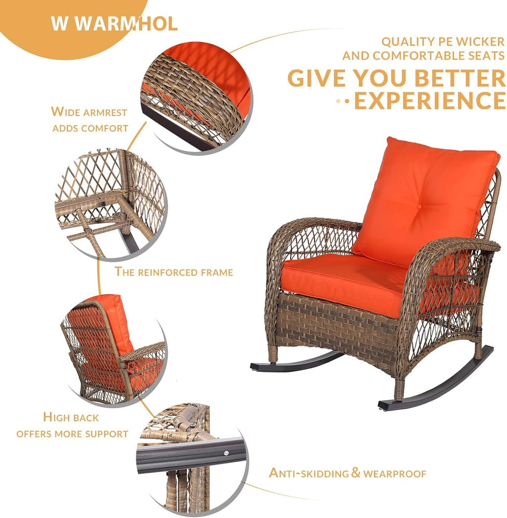 Outdoor Wicker Oversized Rocking Chair, All Weather- Resistant Patio Rocking Chair for Garden Lawn, Patio Wicker Furniture Seat with 4” Thick Cushion, Orange