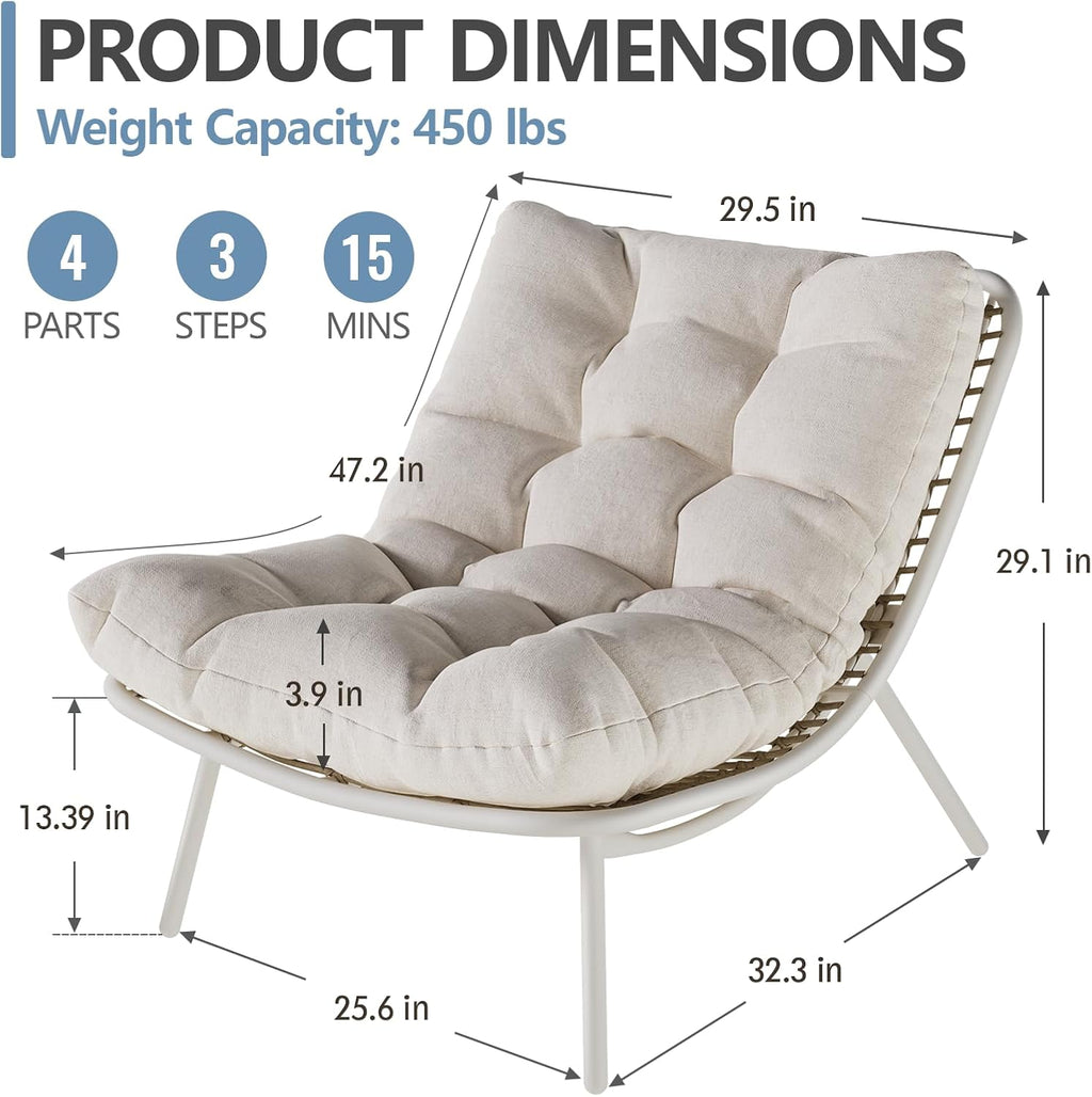 SWITTE Wicker Chaise Lounge Chair, Outdoor Papasan Recliner with Thick Cushion, Low Seat Patio Chair for Balcony, Backyard, Poolside - Cream