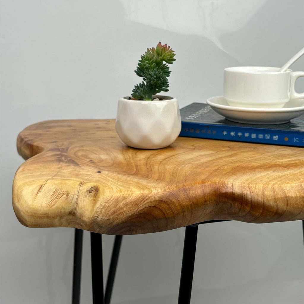 Rustic Solid Wood Live Edge Style End Table, Natural Wood Side Table with Hairpin Legs, Small Irregular Side Table for Living Room, Bedroom, Farmhouse Decor, 16" L x 12" W x 17" H