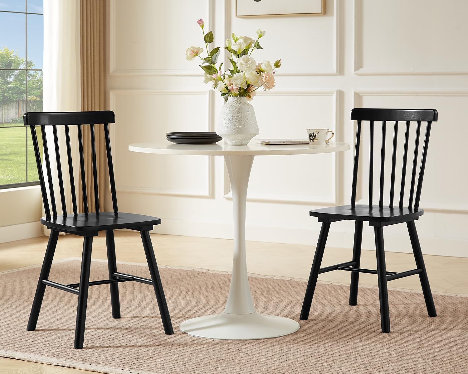 PrimeZone Windsor Dining Chairs Set of 2 - Solid Rubber Wood Farmhouse Kitchen Chair with Spindle Back, Mid-Century Modern Side Dining Chair for Dining Room, Kitchen & Restaurant, Black