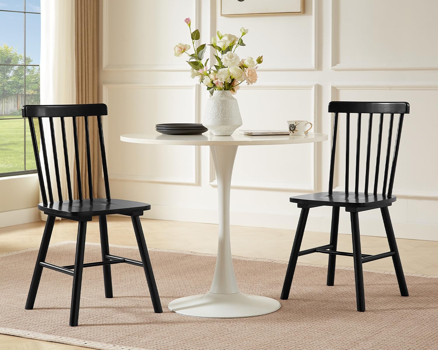 PrimeZone Windsor Dining Chairs Set of 2 - Solid Rubber Wood Farmhouse Kitchen Chair with Spindle Back, Mid-Century Modern Side Dining Chair for Dining Room, Kitchen & Restaurant, Black
