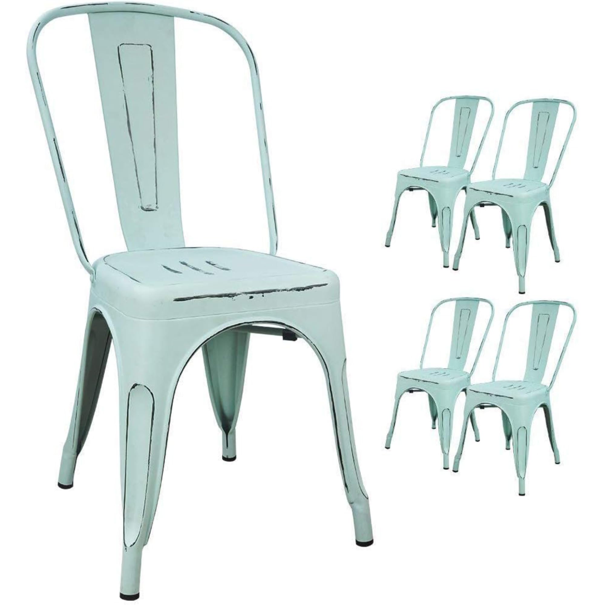 Devoko Metal Indoor-Outdoor Chairs Distressed Style Kitchen Dining Chairs Stackable Side Chairs with Back Set of 4 (Black Gold)