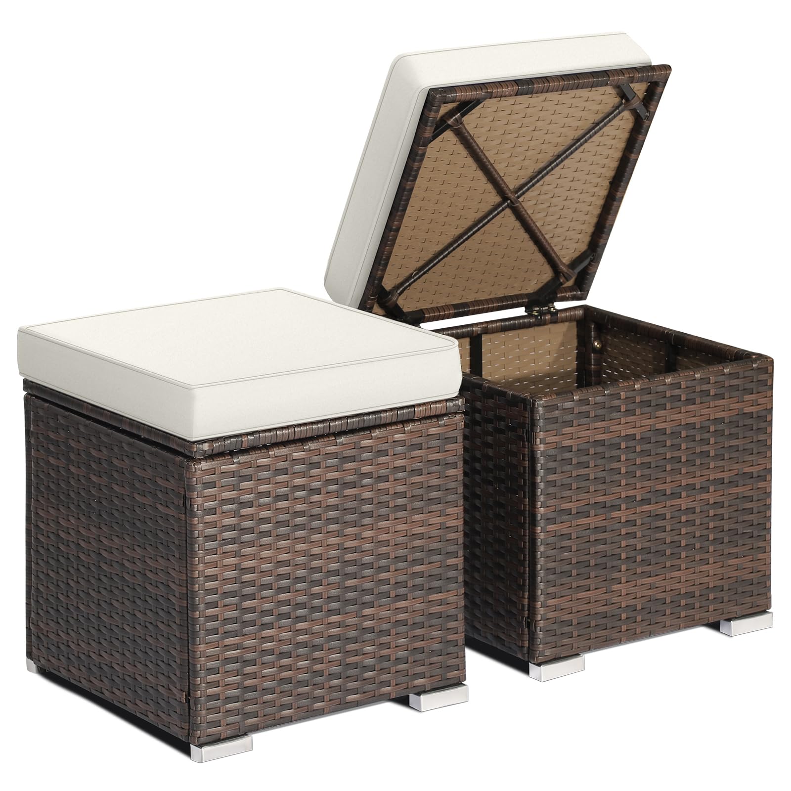 RELAX4LIFE Wicker Outdoor Storage Ottoman, 2-Piece Rattan Footstool w/Removable Cushion, Multipurpose Footrest Stool Side Table Additional Seating, Set of 2 Outdoor Ottomans for Patio Deck (Beige)