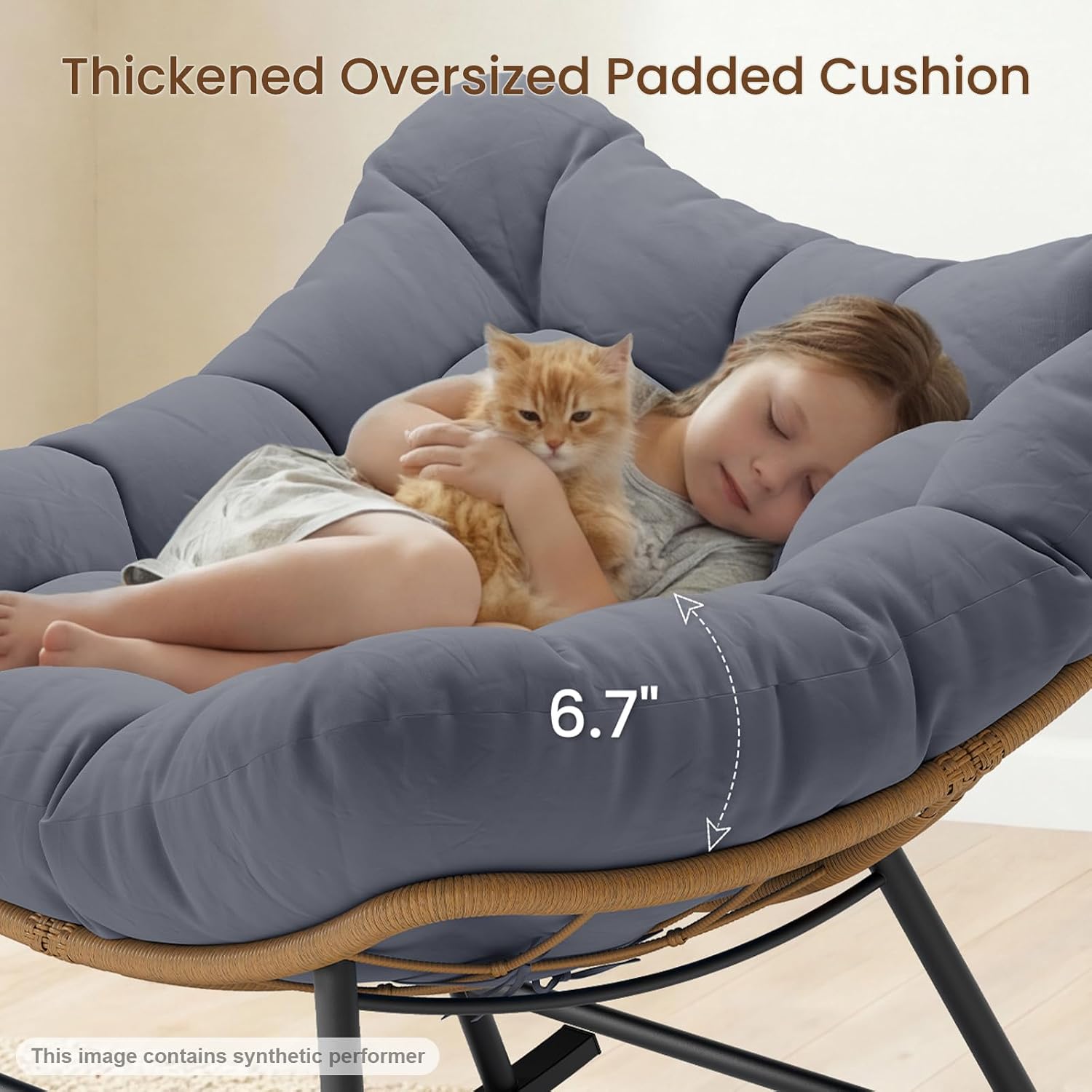 Sikaic Outdoor Papasan Rocking Chair, 450LBS Heavy Duty Egg Rocker with High Back Water Resistant Cushion, Rustproof & UV Resistant PE Wicker Patio Chair for Porch, Garden, Living Room, Grey