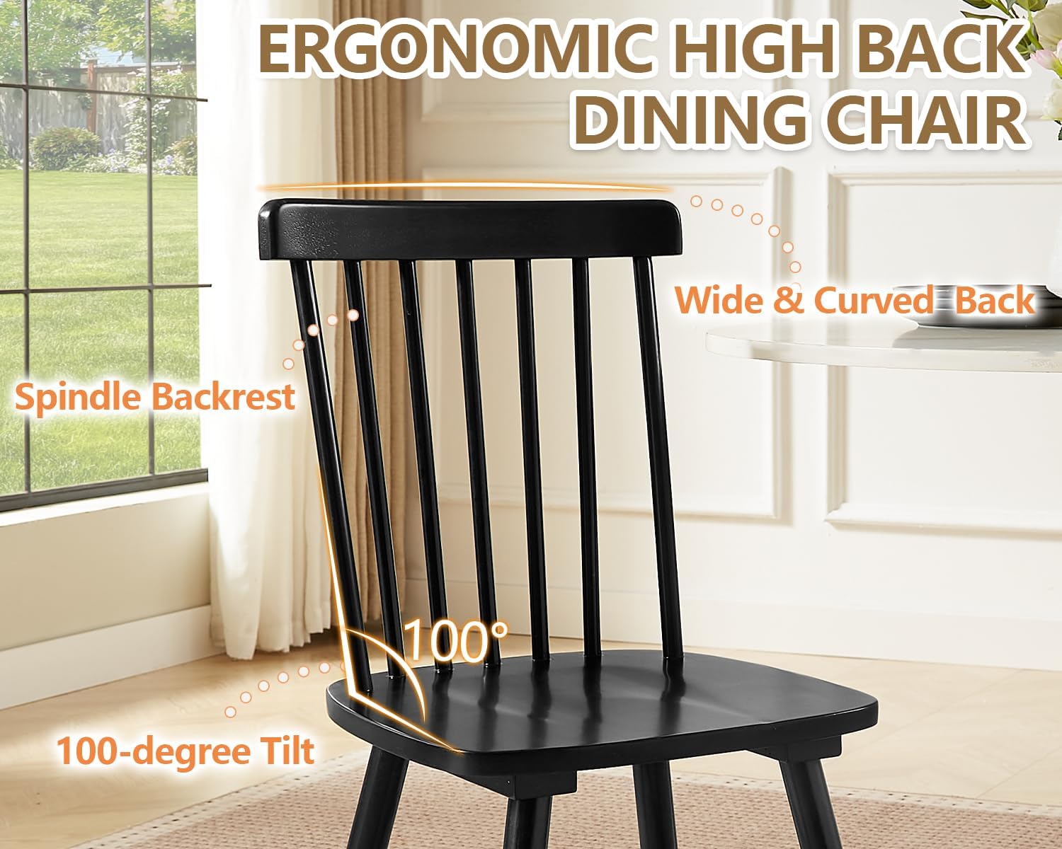 PrimeZone Windsor Dining Chairs Set of 2 - Solid Rubber Wood Farmhouse Kitchen Chair with Spindle Back, Mid-Century Modern Side Dining Chair for Dining Room, Kitchen & Restaurant, Black