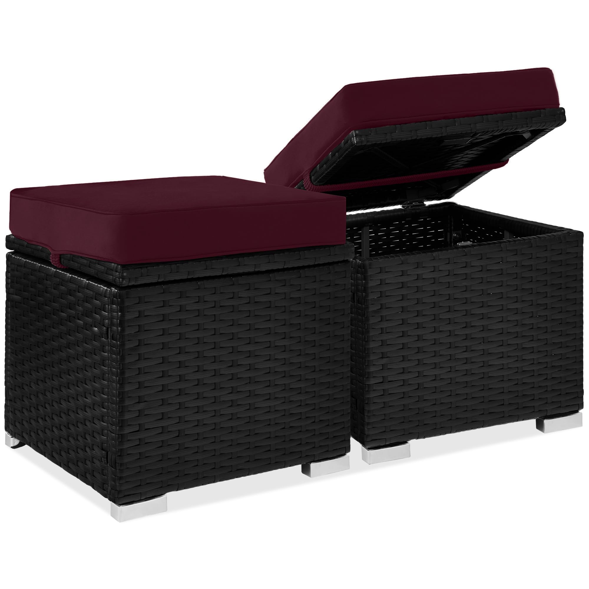 Best Choice Products Set of 2 Wicker Ottomans, Multipurpose Outdoor Furniture for Patio, Backyard, Additional Seating, Footrest, Side Table w/Storage, Removable Cushions - Gray/Black