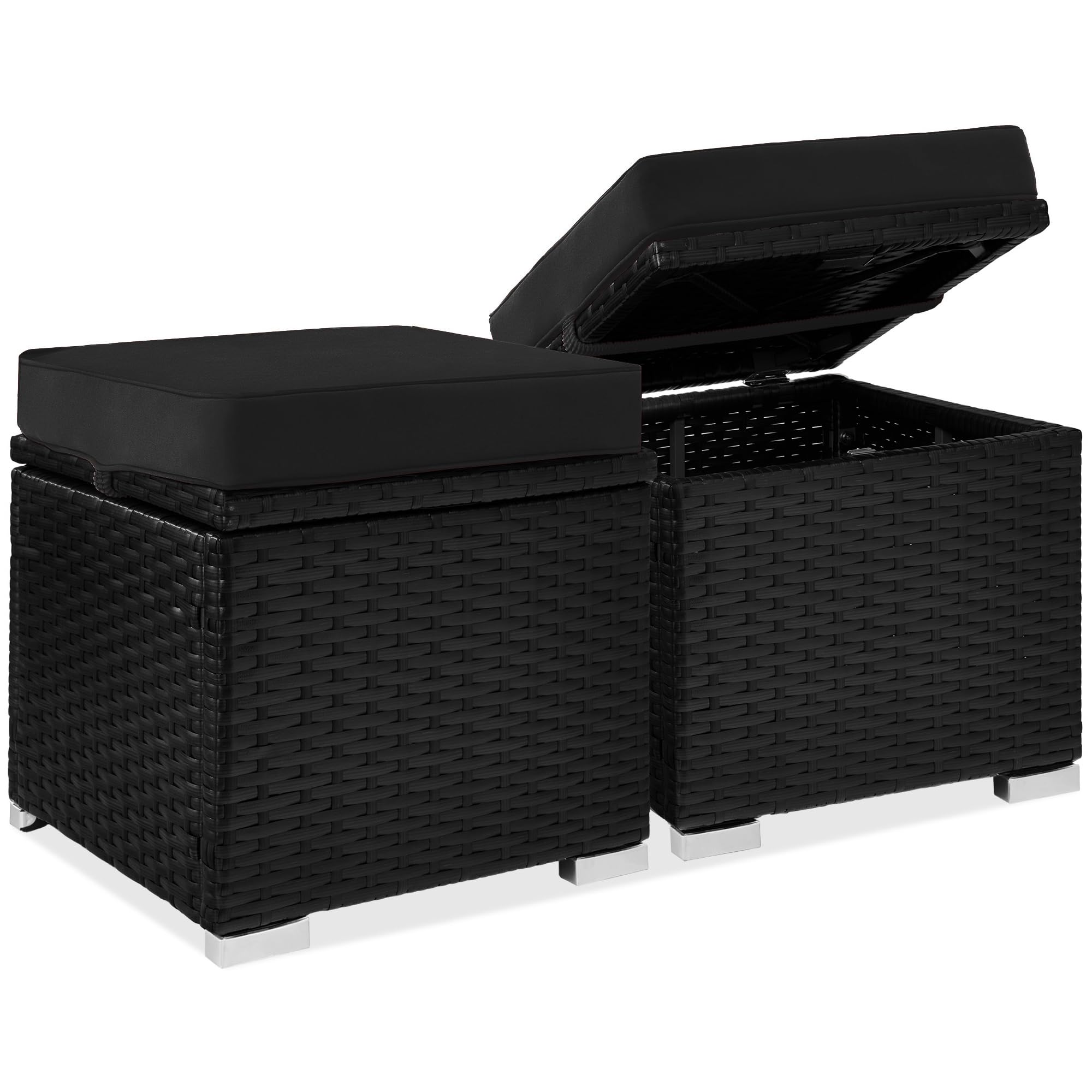 Best Choice Products Set of 2 Wicker Ottomans, Multipurpose Outdoor Furniture for Patio, Backyard, Additional Seating, Footrest, Side Table w/Storage, Removable Cushions - Gray/Black
