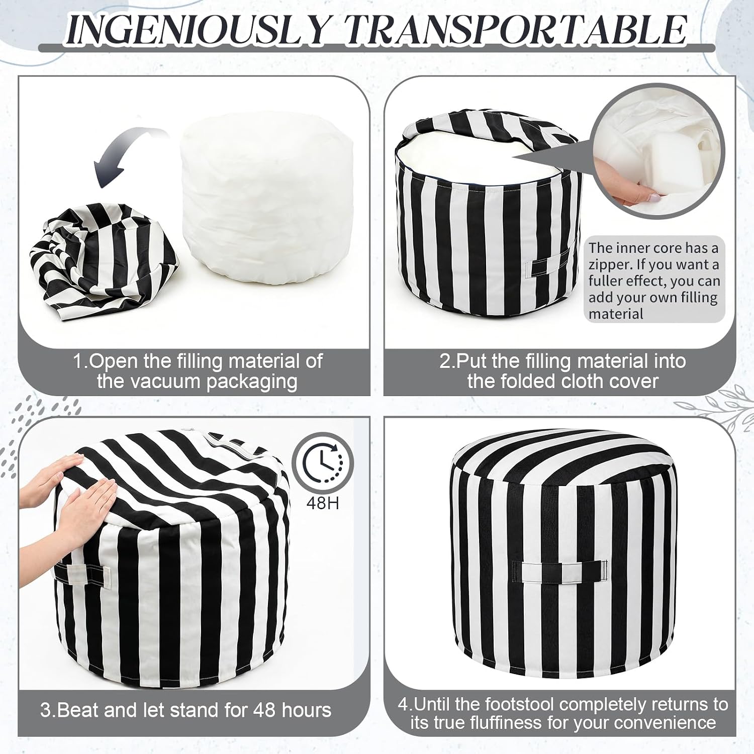 Black White Striped Round Patio Pouf Colorfast Fabric Footstool with Handle