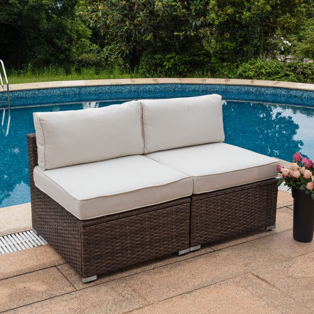 COSIEST All-Weather Patio Chair, Single Brown Wicker Chair with Thick Gray Cushions & Teal Pillow, Outdoor Rocking Chair for Porch, Garden, Poolside