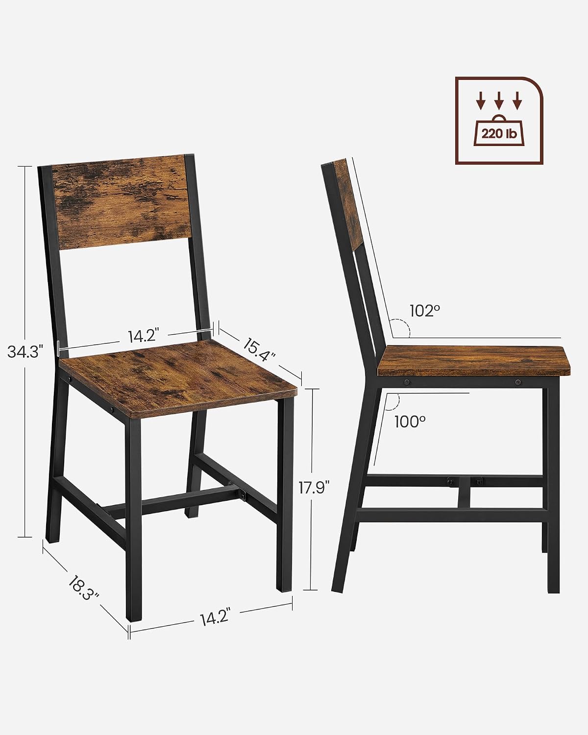 VASAGLE Dining Chair Set of 4, Rustic Wood Chairs with Metal Steel Frame, Easy to Assemble, Comfortable Seat, Modern Farmhouse Chair for Kitchen, Bedroom, Living Room, Rustic Brown and Ink Black
