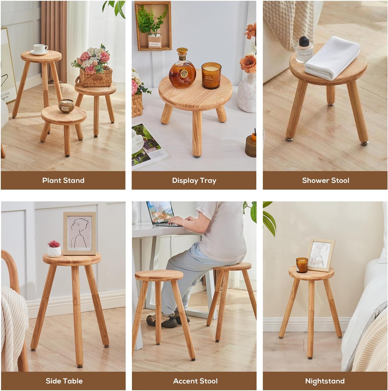 Small Round Side Table Adjustable Height Solid Wood Drink Table Indoor Tall Plant Stand Multi-Use Accent Stool-11‘’D × 20“H (Wood)