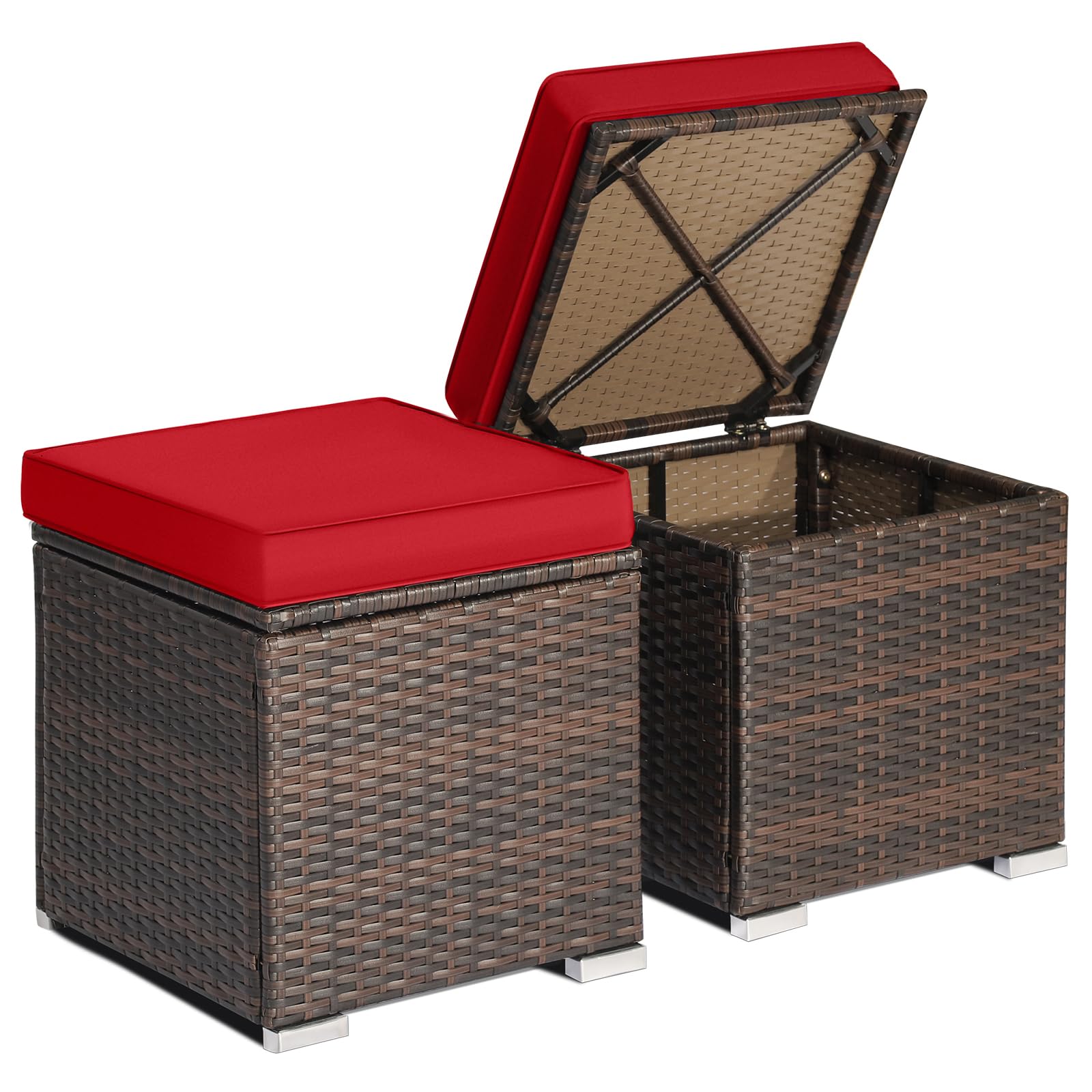 RELAX4LIFE Wicker Outdoor Storage Ottoman, 2-Piece Rattan Footstool w/Removable Cushion, Multipurpose Footrest Stool Side Table Additional Seating, Set of 2 Outdoor Ottomans for Patio Deck (Beige)
