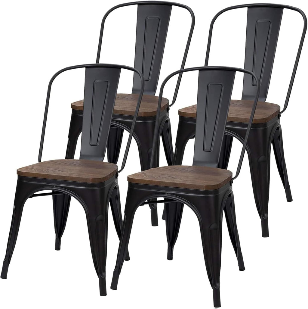 JUMMICO Metal Dining Chair Stackable Industrial Vintage Kitchen Chairs Indoor-Outdoor Bistro Cafe Side Chairs with Back and Wooden Seat Set of 4 (Black)