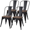 JUMMICO Metal Dining Chair Stackable Industrial Vintage Kitchen Chairs Indoor-Outdoor Bistro Cafe Side Chairs with Back and Wooden Seat Set of 4 (Black)