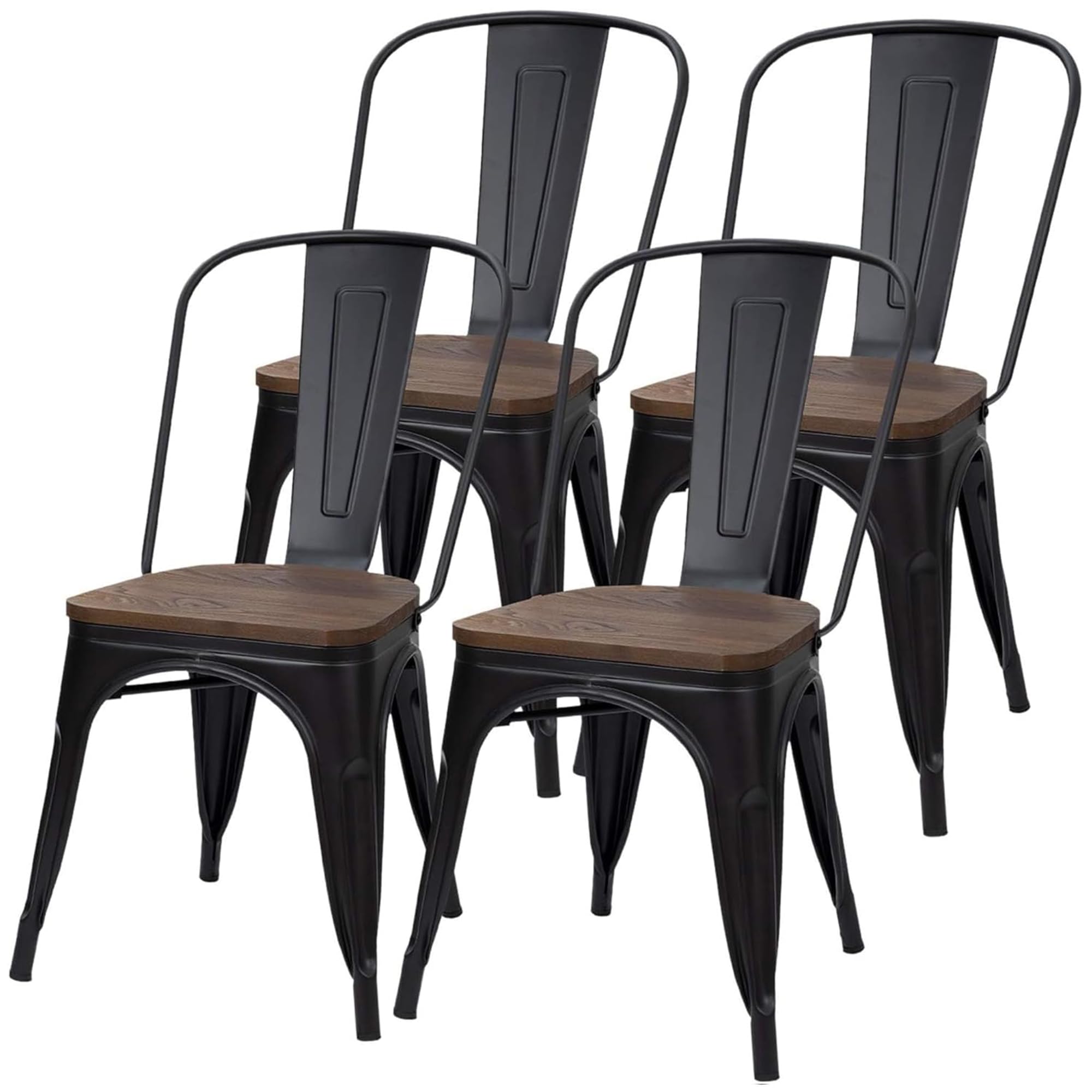 JUMMICO Metal Dining Chair Stackable Industrial Vintage Kitchen Chairs Indoor-Outdoor Bistro Cafe Side Chairs with Back and Wooden Seat Set of 4 (Black)