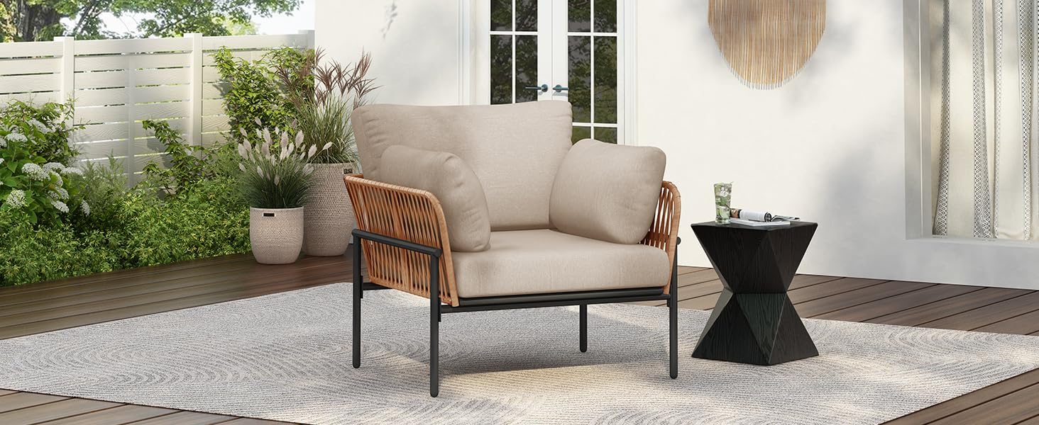 Plush Cushioned Refined Elegance Single Sofa, Comfort Single Sofa Chair with Iron Frame, Refined Upholstered Couch Chair for Indoor Outdoor Relaxation, Beige+Natural