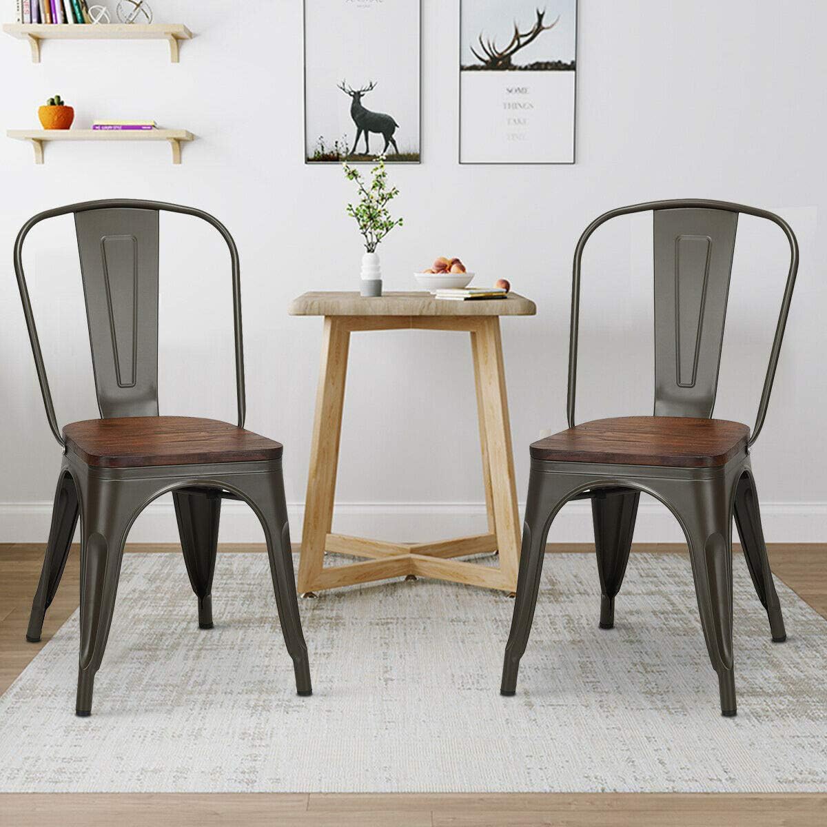 COSTWAY 18 Inch Dining Chair Set of 4, Industrial Vintage Stackable Metal Chairs, Counter Bar Chairs with High Backrest, Wood Seat, for Home, Kitchen and Cafe Bar Use