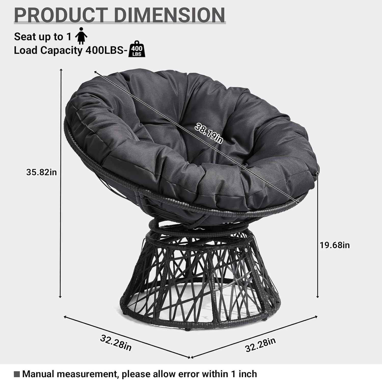 VINGLI Outdoor Papasan Chairs with Thick Cushions 360 Degree Swivel Chair, Patio Chairs Lounge Chair Rading Chair for Balcony, Yard, Porch (Black)