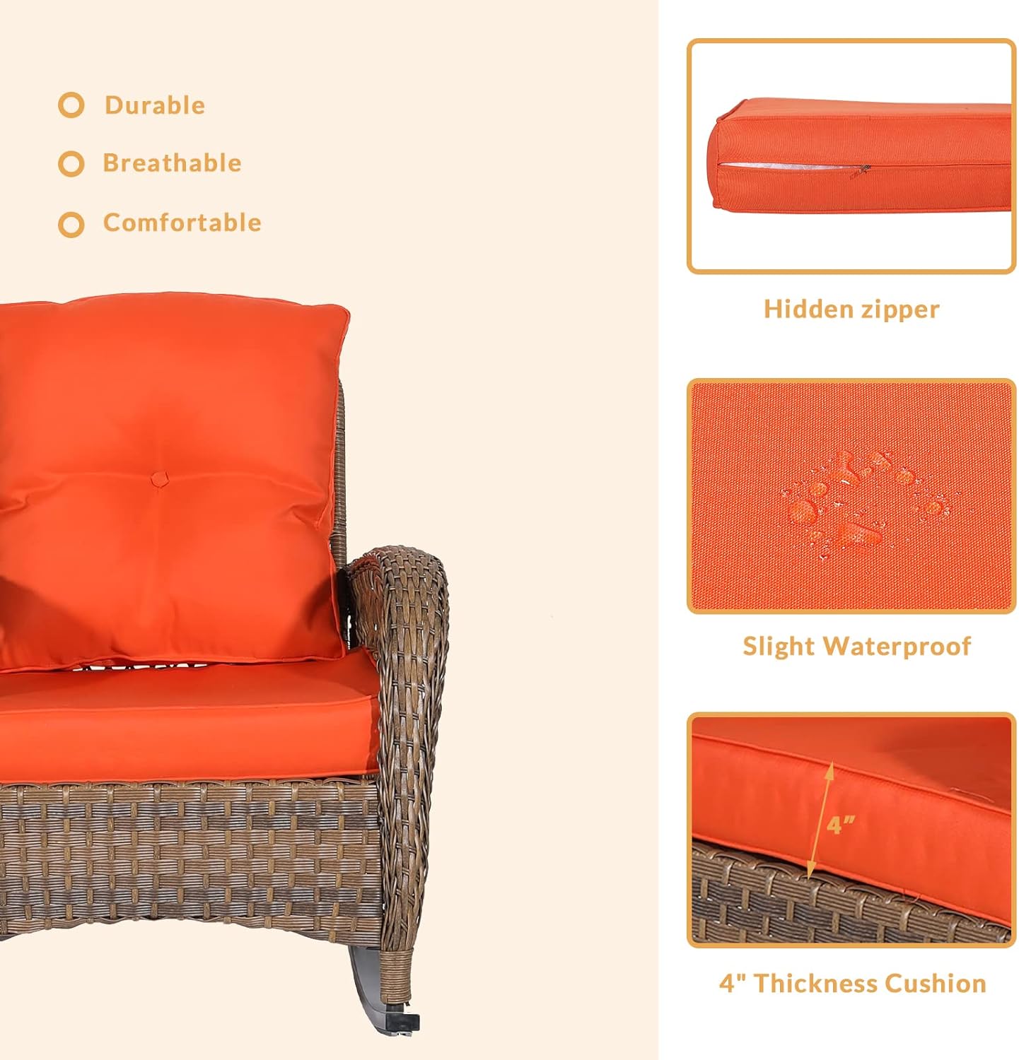 Outdoor Wicker Oversized Rocking Chair, All Weather- Resistant Patio Rocking Chair for Garden Lawn, Patio Wicker Furniture Seat with 4” Thick Cushion, Orange